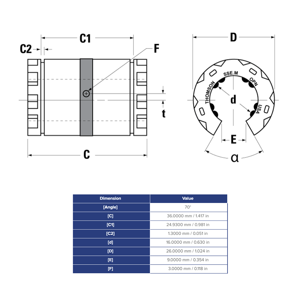 SSEM16OPN THOMSON BALL BUSHING<BR>SSE SERIES 16MM OPEN LINEAR BEARING SELF ALIGNING ADJUSTABLE 494.6 LBF